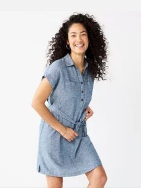 Sonoma Light Blue Chambray Shirt Dress with Tie Waist
